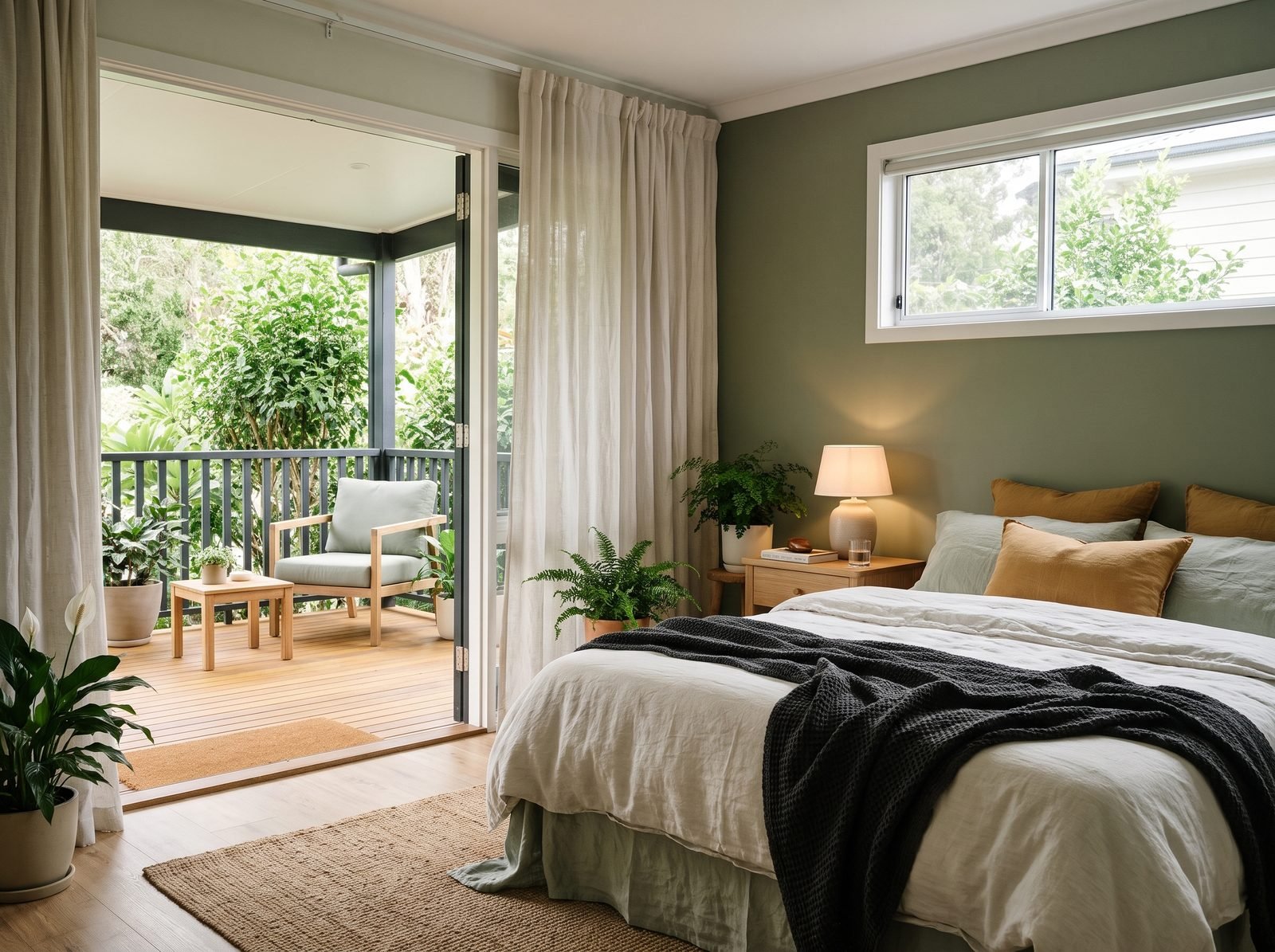 A bedroom with a window, linen bedding and an open door to a screened porch