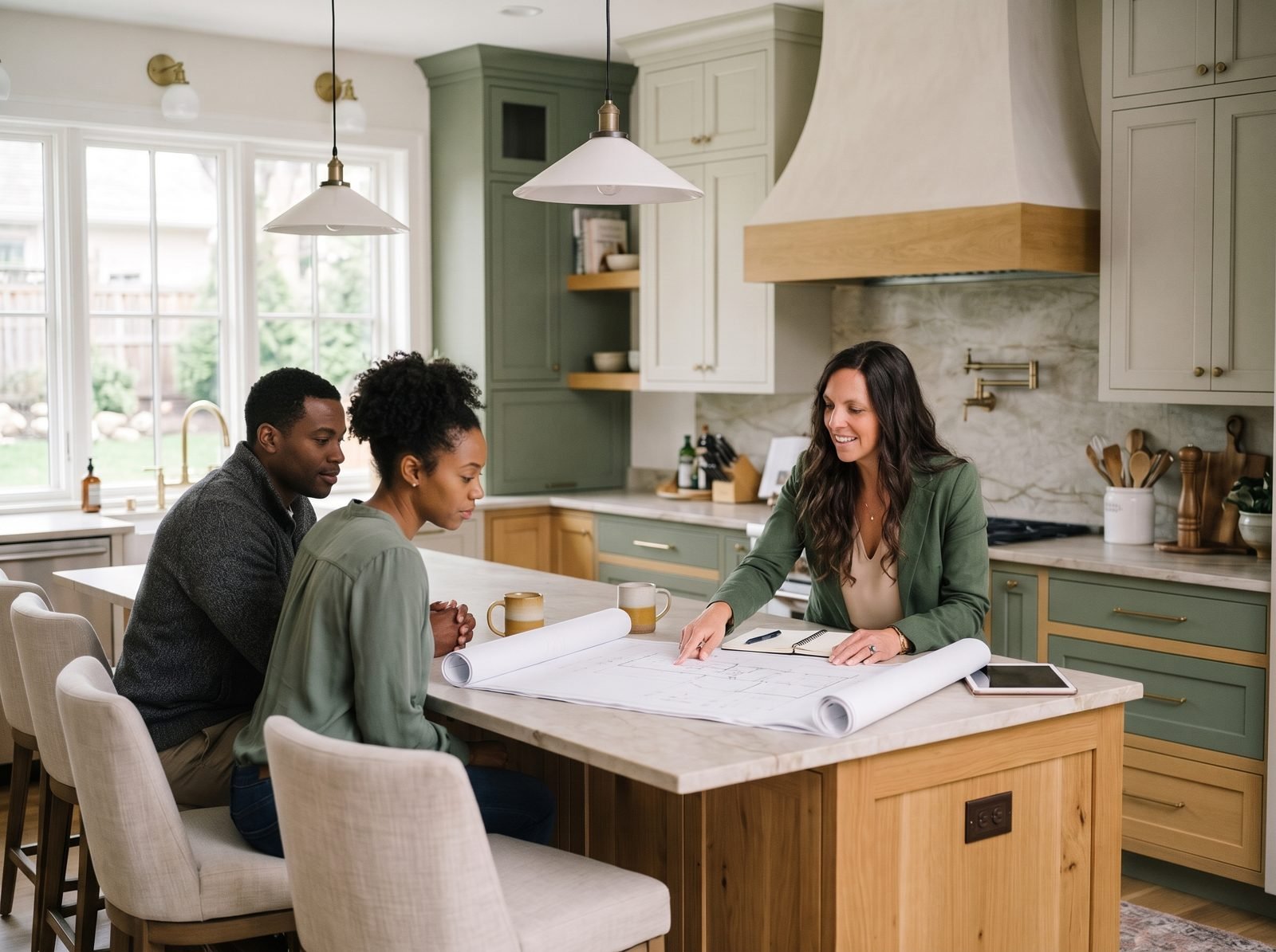 A real estate broker reviewing building plans with a couple at a kitchen island