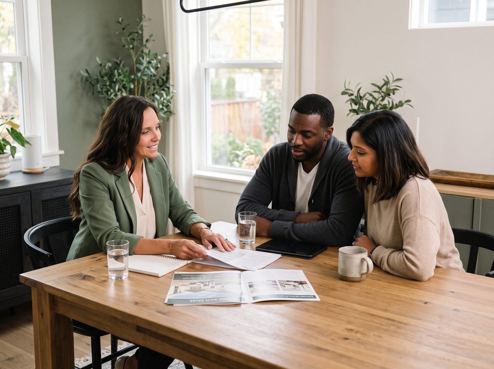 A real estate broker reviewing a marketing brochure with a couple at a wooden dining table