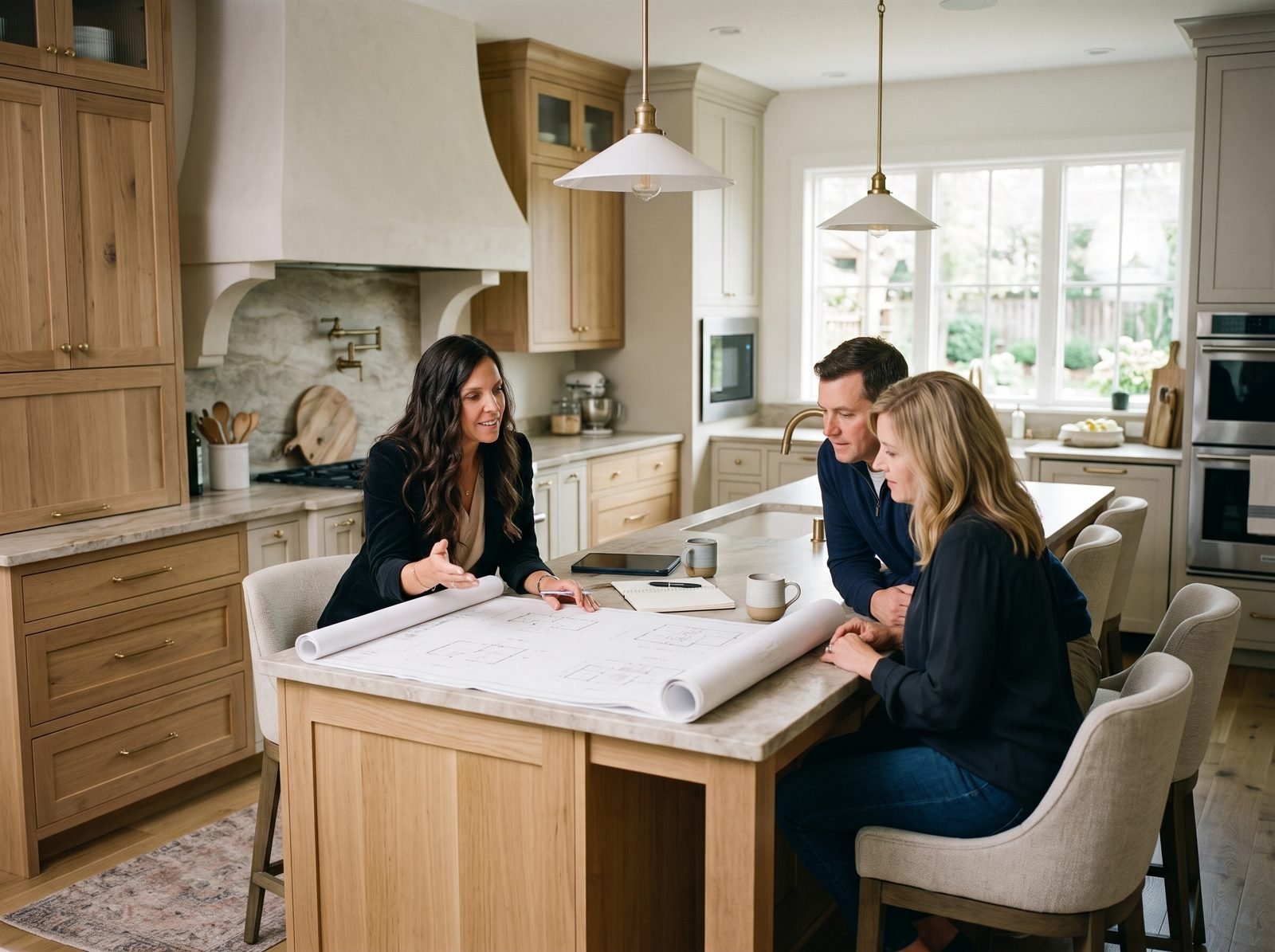 A broker pointing to building plans while a couple looks on in a bright kitchen