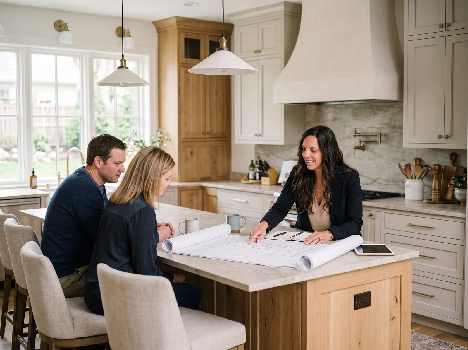 A broker and a couple reviewing plans at a kitchen island