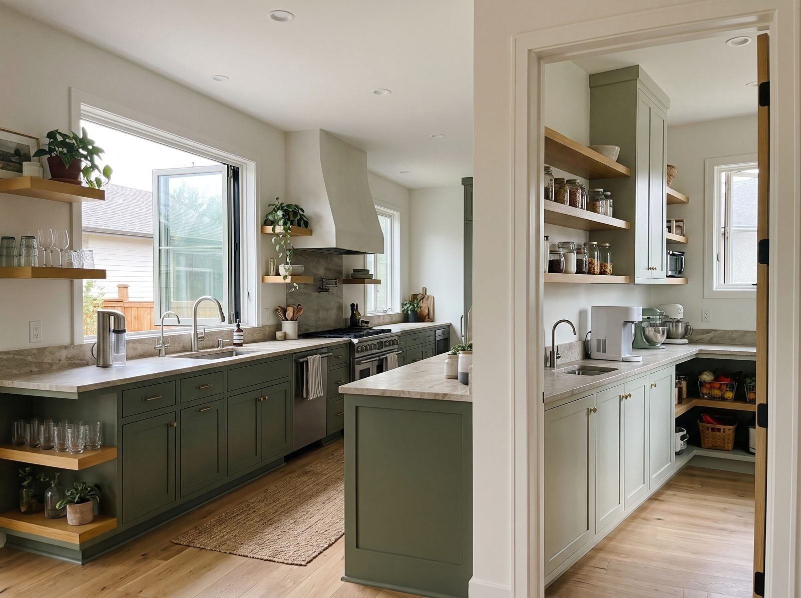 A kitchen with sage green cabinets, open shelving, a range hood and an operable window