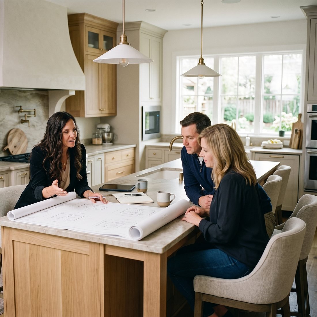 A real estate broker reviewing home plans with a couple at a bright kitchen island