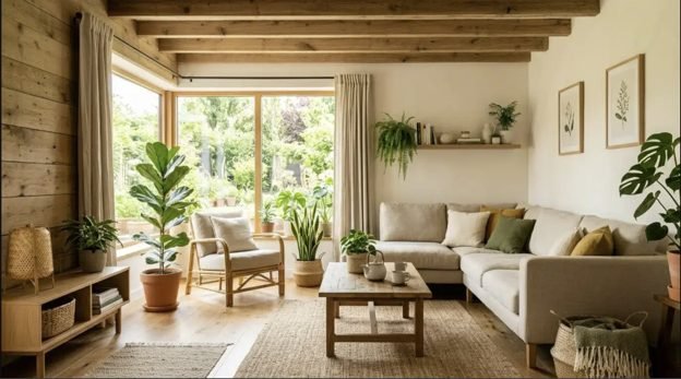 A sunny living area with light wood floors, a large window and green plants