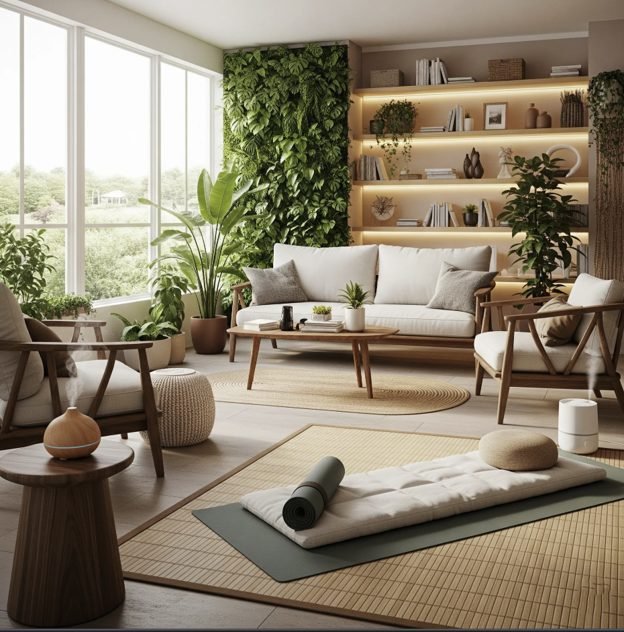 A bright living room with a wall of plants, natural wood furniture and a yoga mat
