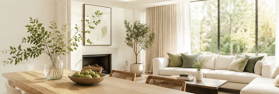 A bright living room with a large window, olive tree and soft green accents