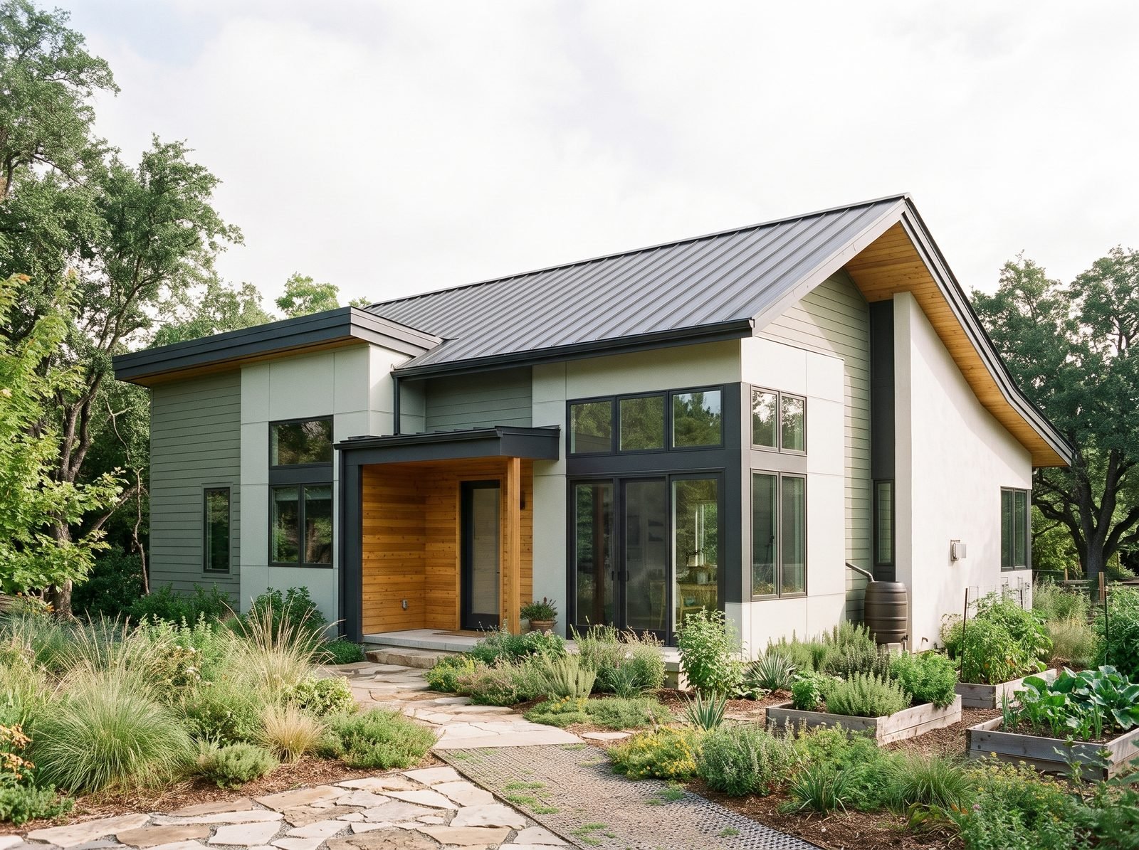 A modern single-story home with a metal roof, large windows and a native-plant garden