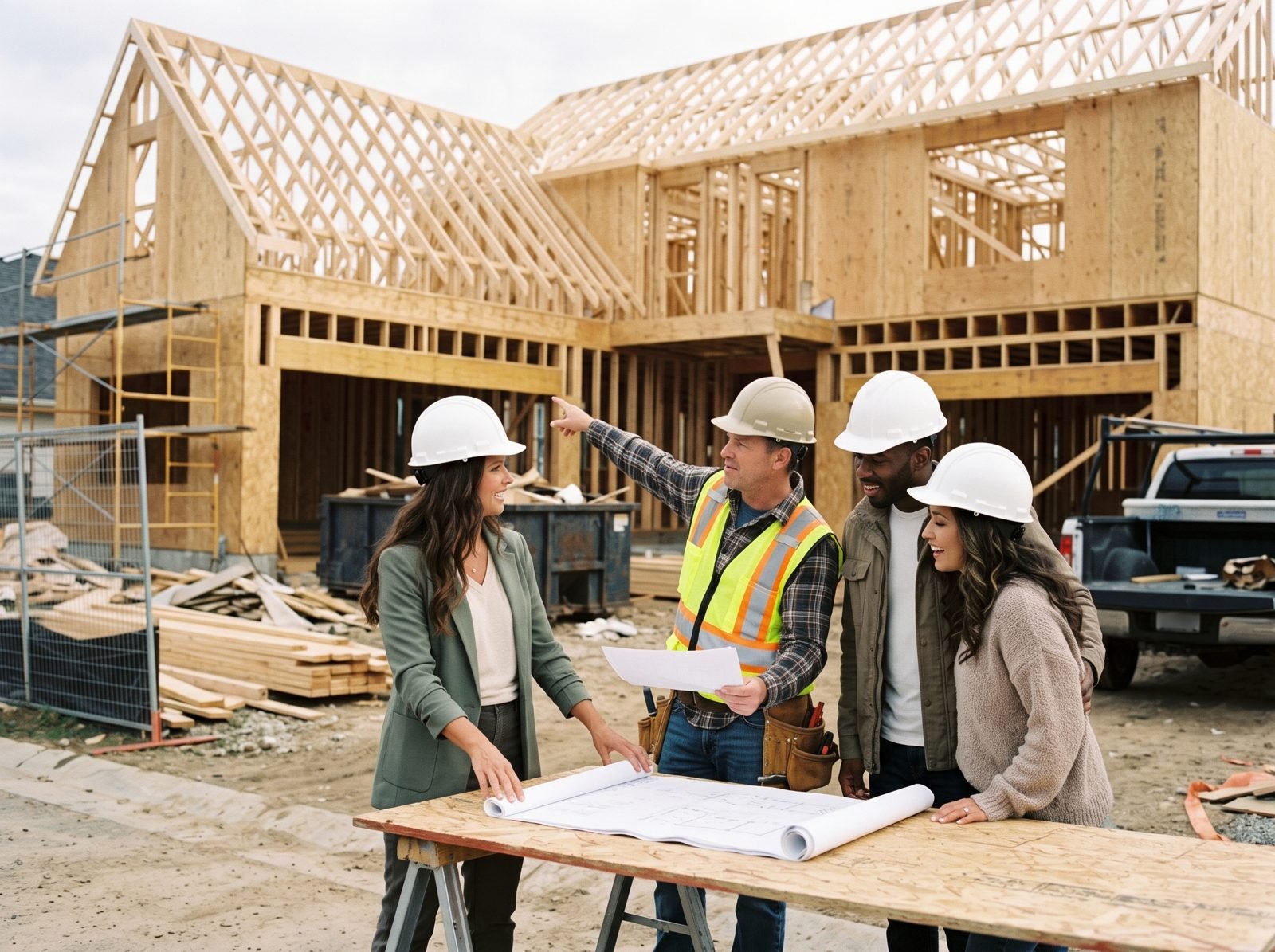 A broker, a builder and a couple reviewing plans at a new home construction site