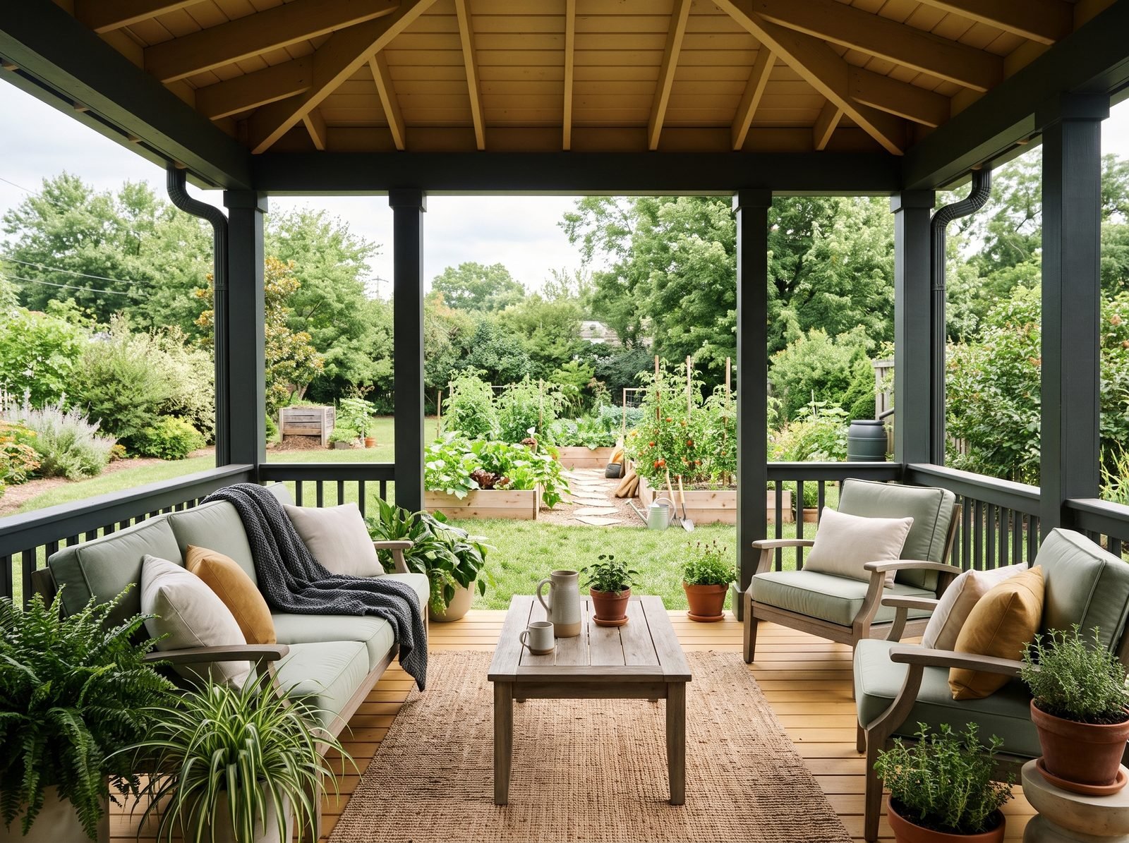 A covered porch with seating and plants overlooking a vegetable garden