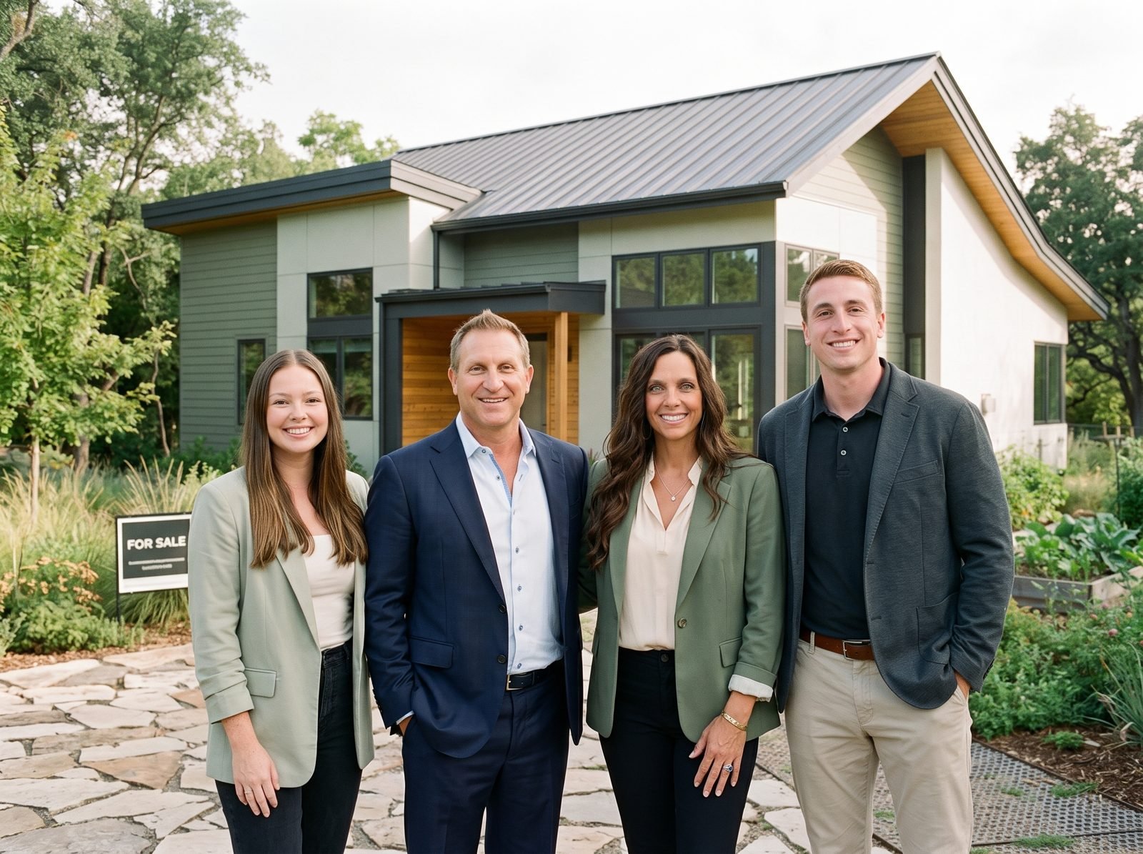 Four members of the real estate team standing in front of a modern home